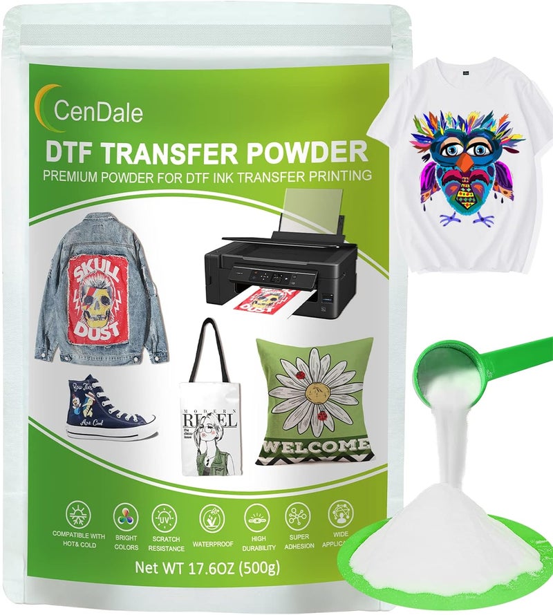 CenDale DTF Powder, 500g/17.6OZ White Hot Melt Adhesive Digital DTF Transfer Powder for Sublimation, Compatible with DTF and DTG Printers, DTF PreTreat Powder for All Fabric Jeans Cotton T-Shirt - Image 1